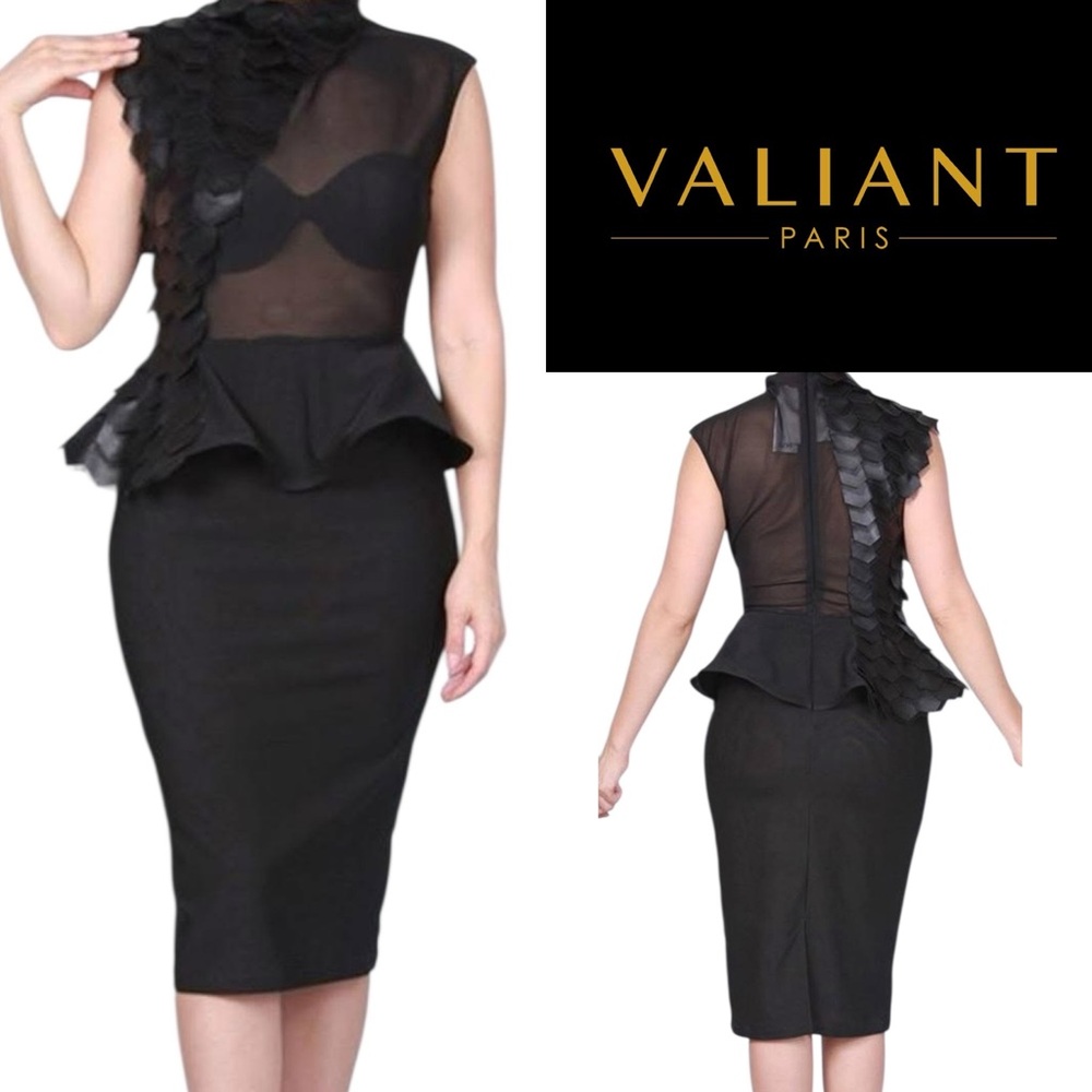 RARE! VALIANT PARIS Black Midi Sheer Peplum Sexy Dress | Show Stopper | Sz S